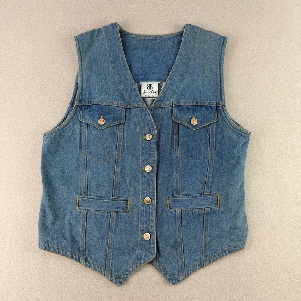 VTG Bill Blass Denim Vest Shirt Women PM Blue Button Front 90s Western